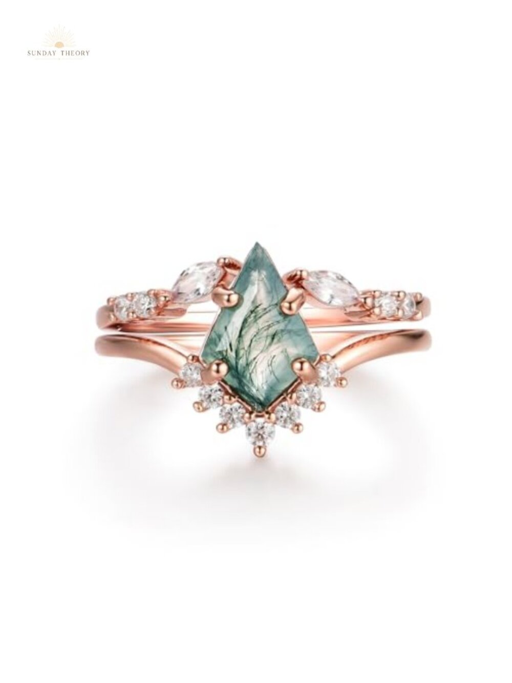 Genuine 925 Sterling Silver Moss Agate Kite Cut Ring Engagement Women's Ring Set